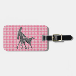 Woman Greyhound and Pink Argyle Luggage Tag