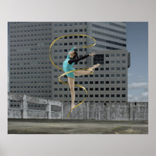 Woman gymnast outdoors on rooftop jumping in air poster