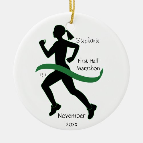 Woman Half Marathon Runner Ornament in Green