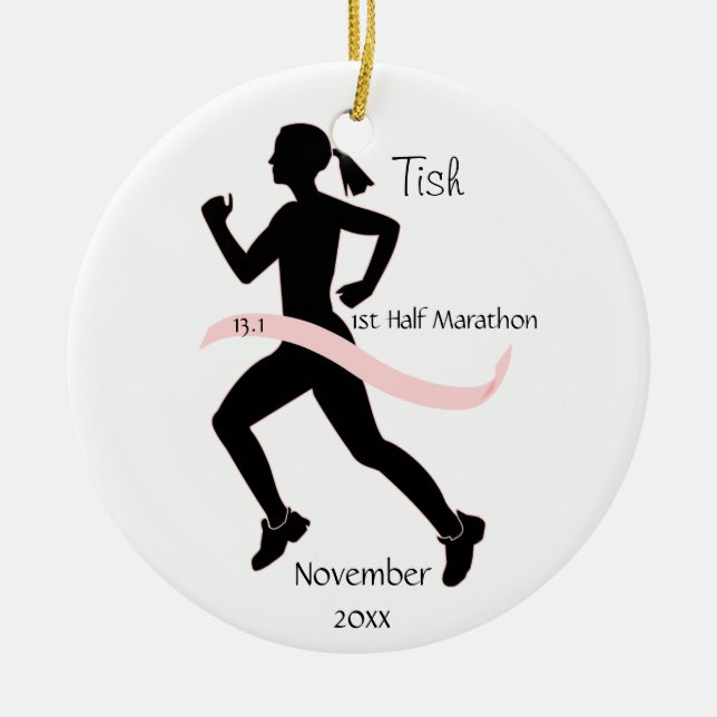 Woman Half Marathon Runner Ornament in Pink (Front)