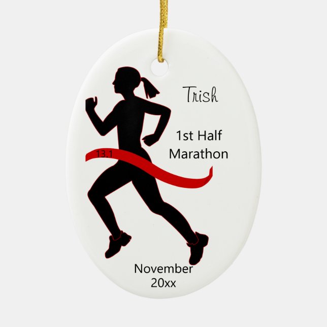 Woman Half Marathon Runner Ornament in Red (Front)