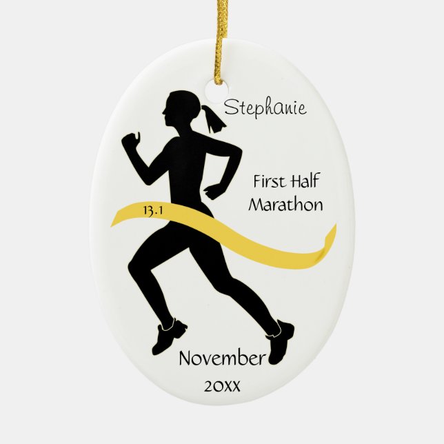 Woman Half Marathon Runner Ornament in Yellow Gold (Front)