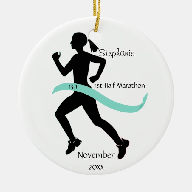 Woman Half Marathon Runner Ornament Teal (Front)
