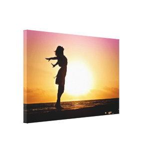 Woman Happiness At Beach Sunset Canvas Print