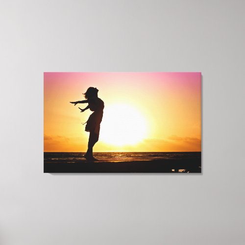 Woman Happiness At Beach Sunset Canvas Print