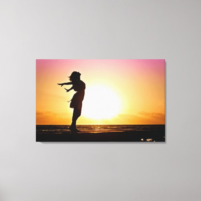 Woman Happiness At Beach Sunset Canvas Print (Front)
