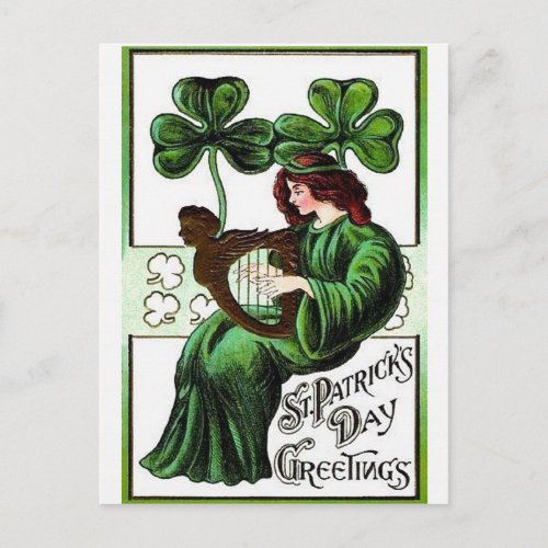 Woman Harp of Erin Shamrock St Patrickâs Day Postcard