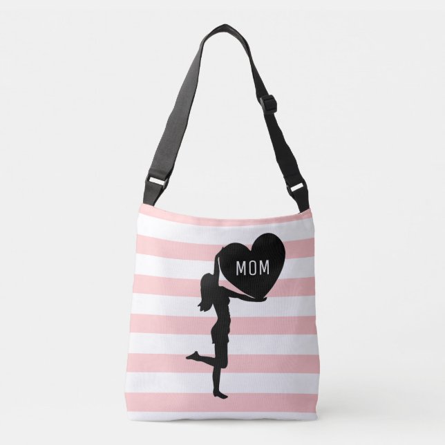 Woman & heart black silhouette on pink & white crossbody bag (Front)