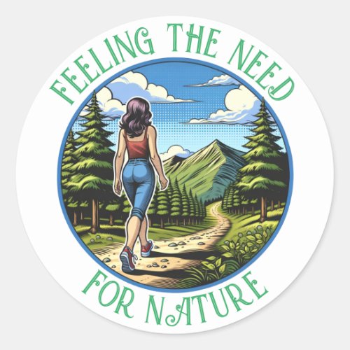Woman Hiking a Nature Trial Classic Round Sticker