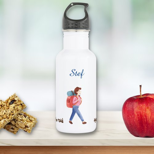 Woman Hiking with Dog Following Plank Signs Stainless Steel Water Bottle