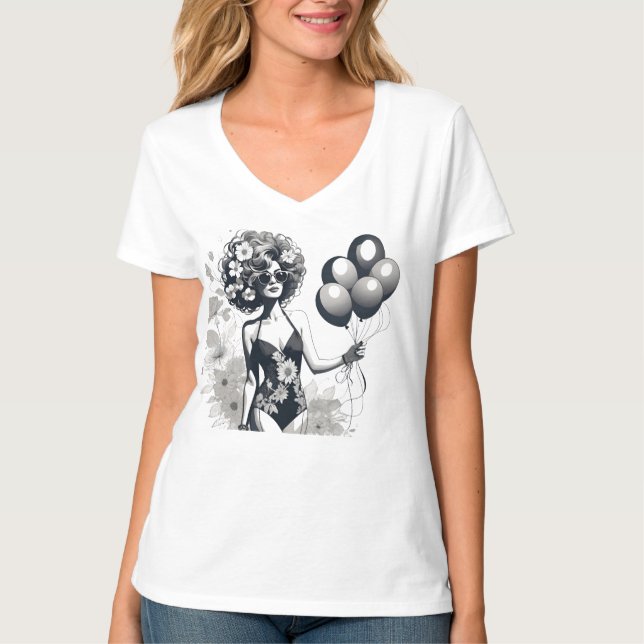 Woman Holding A Bunch of Balloons Line Silhouette T-Shirt (Front)