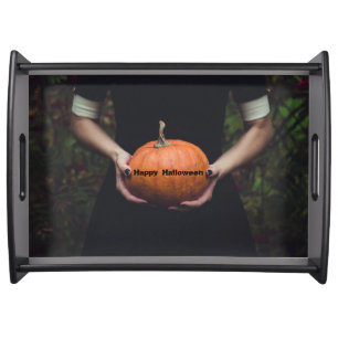 Woman Holding a Halloween Pumpkin Serving Tray