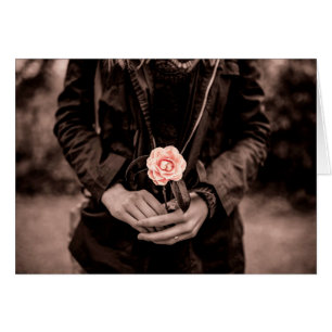 Woman Holding a Pink Camellia Cards