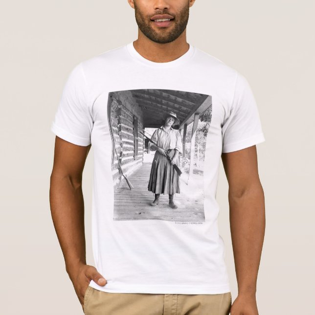Woman holding a rifle on a porch T-Shirt (Front)