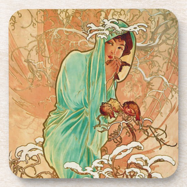 Woman Holding Bird in Golden Snow Covered Tree Beverage Coaster (Front)