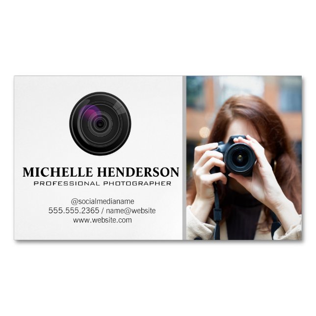 Woman Holding Camera Taking Photo Business Card Magnet (Front)