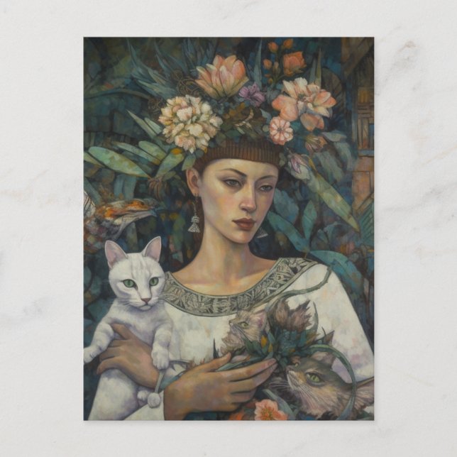 Woman Holding Cats Tropical Flowers Postcard (Front)