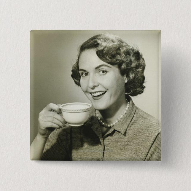 Woman Holding Cups Pinback Button (Front)