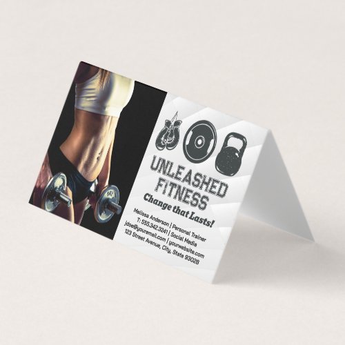 Woman Holding Dumbbells  Gym Equipment Icons Business Card