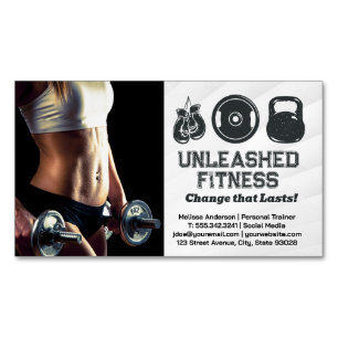 Woman Holding Dumbbells   Gym Equipment Icons Business Card Magnet