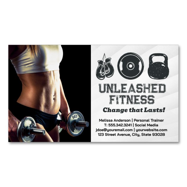 Woman Holding Dumbbells | Gym Equipment Icons Business Card Magnet (Front)