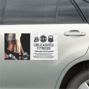 Woman Holding Dumbbells   Gym Equipment Icons Car Magnet