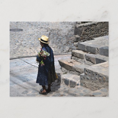 Woman Holding Flowers Ollantaytambo Peru Postcard