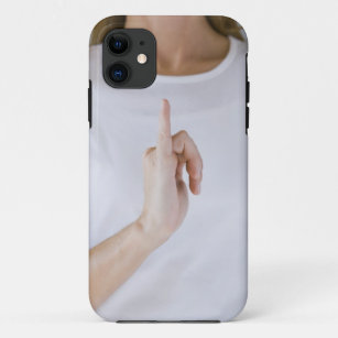 Woman holding hand up with outstretched small iPhone 11 case