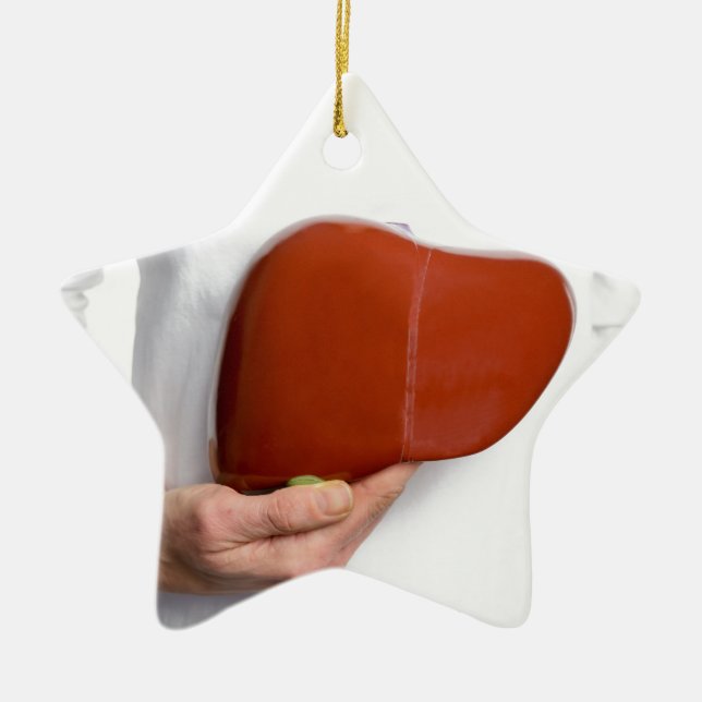 Woman holding human liver model at white body ceramic ornament (Front)