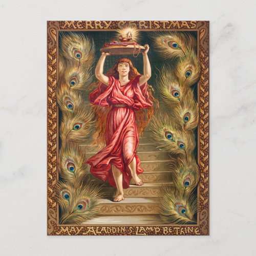 Woman holding lamp with flame from Aladdins Lamp Holiday Postcard