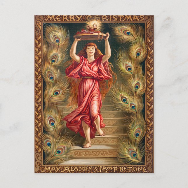 Woman holding lamp with flame from Aladdin's Lamp Holiday Postcard (Front)