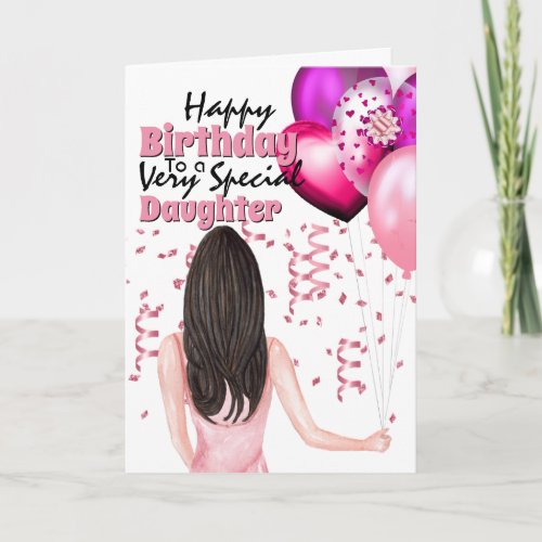 Woman holding pink balloons confetti party card