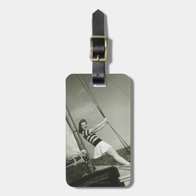 Woman Holding Rigging on Yacht Luggage Tag (Front Vertical)