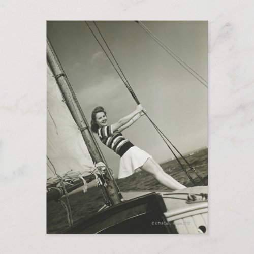 Woman Holding Rigging on Yacht Postcard