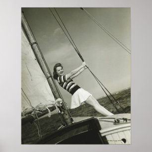 Woman Holding Rigging on Yacht Poster