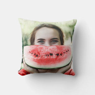 Woman holding sliced watermelon throw pillow