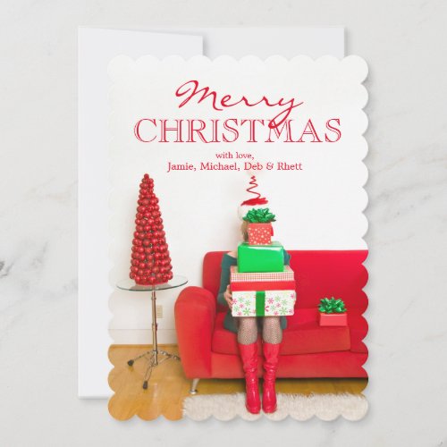 Woman holding stack of Christmas gifts Holiday Card