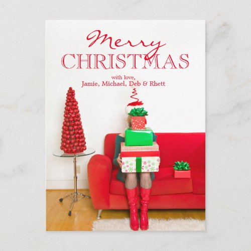 Woman holding stack of Christmas gifts Holiday Postcard