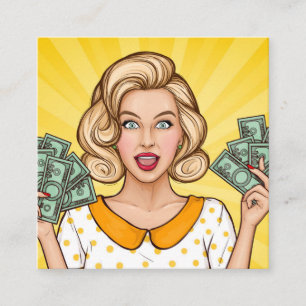 Woman holds money square business card