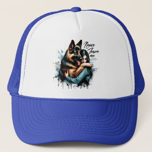 Woman Hugging German shepherd With Never Leave Me Trucker Hat