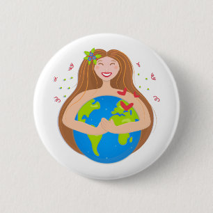 Woman hugging planet Earth Button