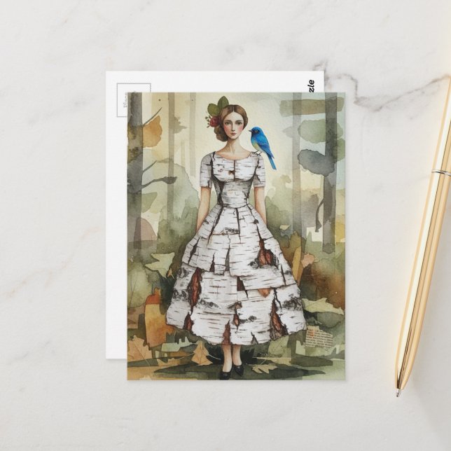 Woman in a Birch Bark Dress Fashion collage Postcard (Front/Back In Situ)