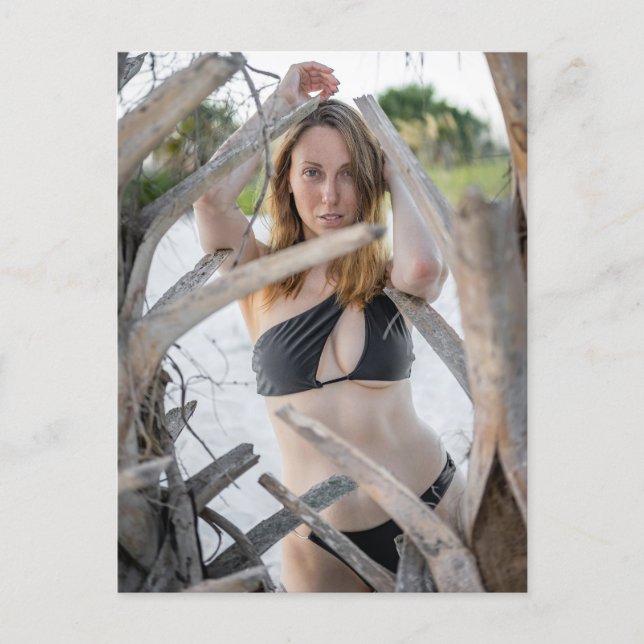 Woman In A Black Bikini By Beach Holiday Postcard (Front)