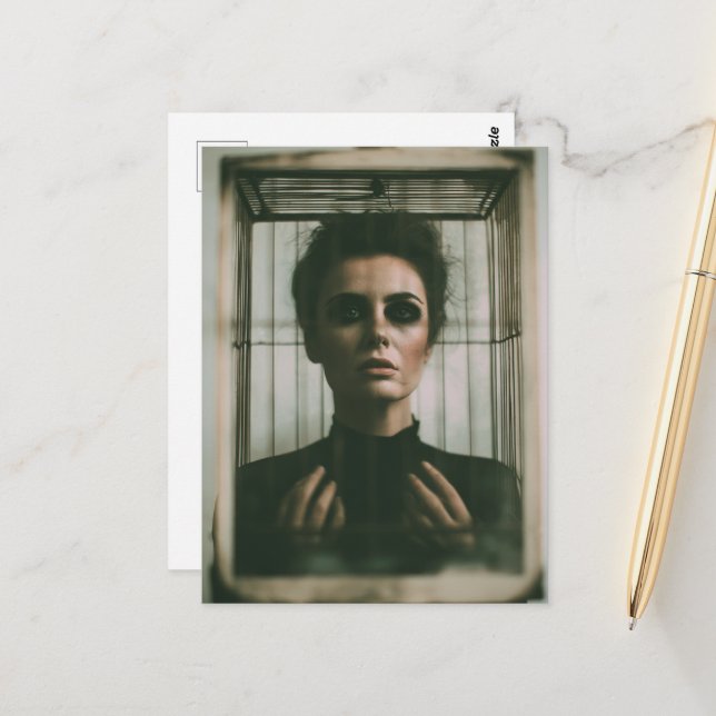 Woman in a Cage Break Free Surreal Art Postcard (Front/Back In Situ)