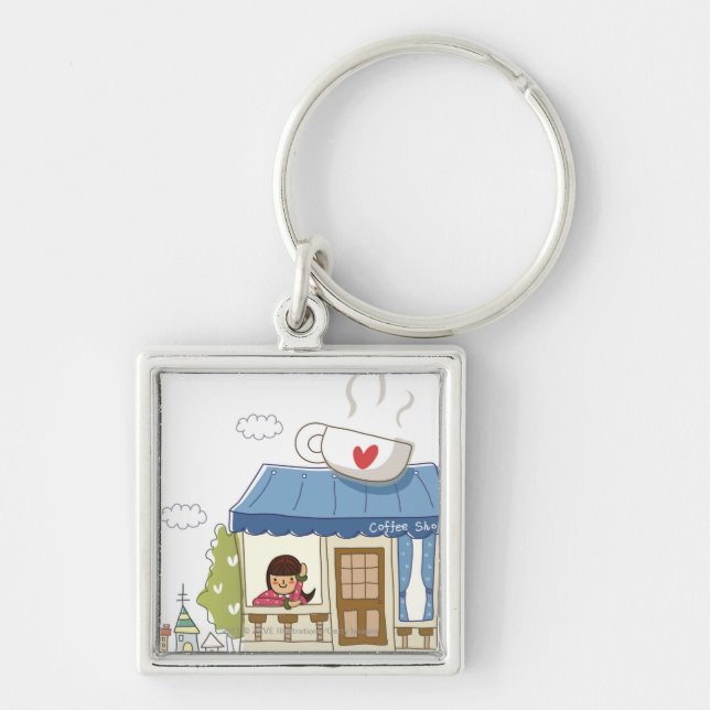 Woman in a coffee shop keychain (Front)