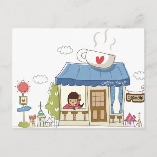 Woman in a coffee shop postcard