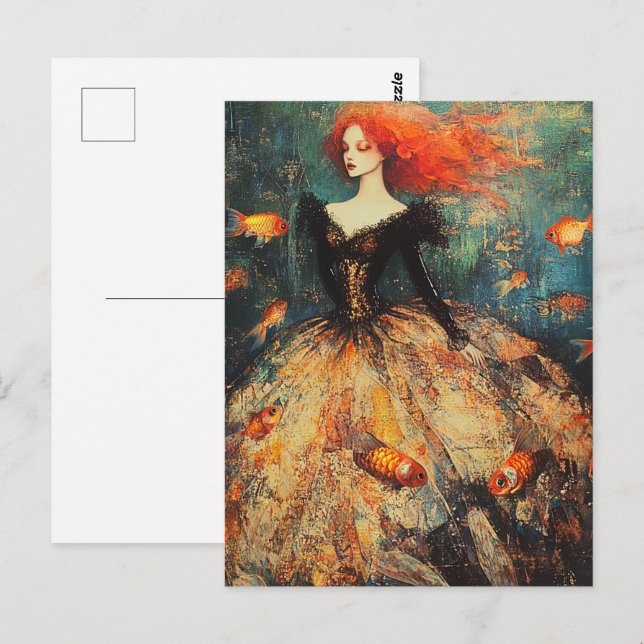 Woman in a Fish Scale Dress Fashion With Goldfish Postcard (Front/Back)
