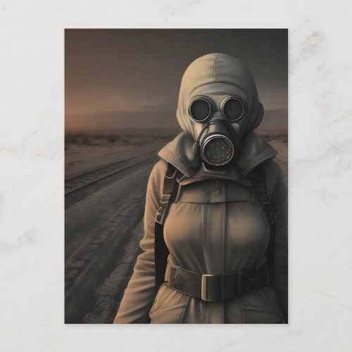 Woman in a gas mask apocalyptic art postcard