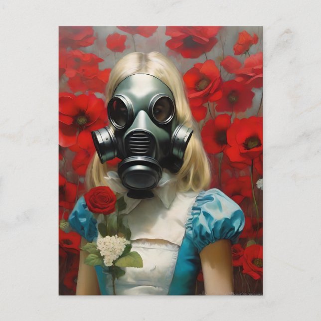 Woman in a Gas Mask Red Flowers Postcard (Front)