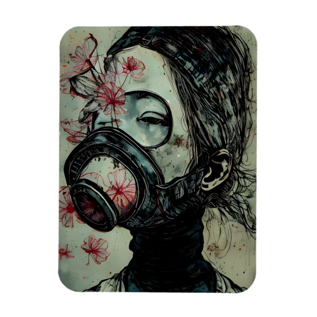 Woman in a Gas Mask With Flowers Magnet (Vertical)